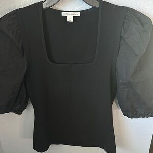 Autumn Cashmere Square Neck w/ Poplin Puff Sleeve in Black